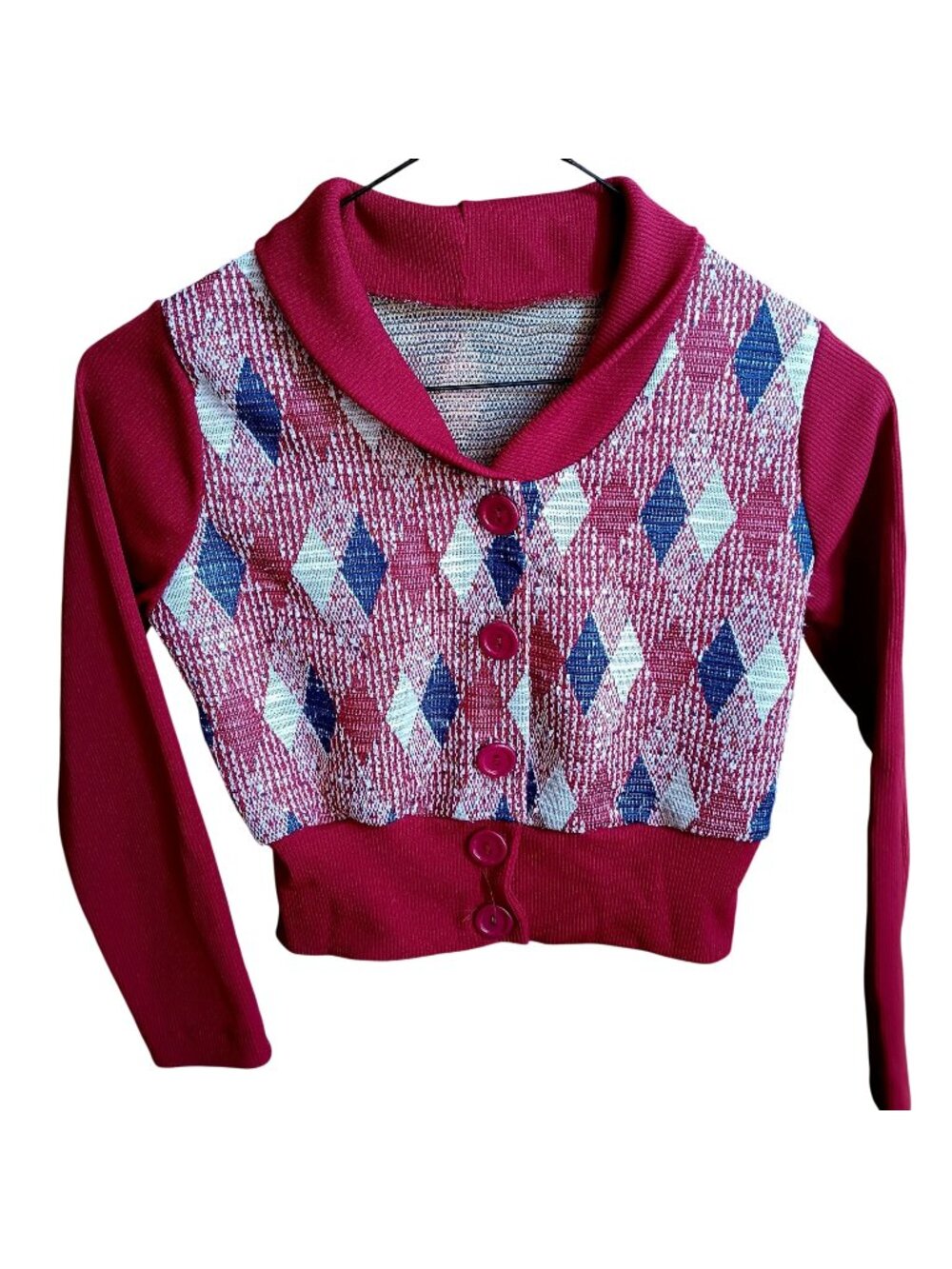 True Vintage XS Cropped Argyle Patterned Knit Cardigan TopShawl Collar 1970's